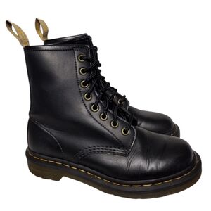RE-POSH Dr. Martens Black Leather Lace-Up Combat Boots with Yellow Stitching